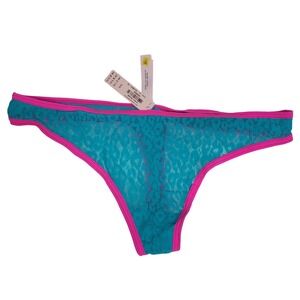 NEW Victorias Secret Low Rise Lace Thong Women's Size M Bright Blue Floral Pink